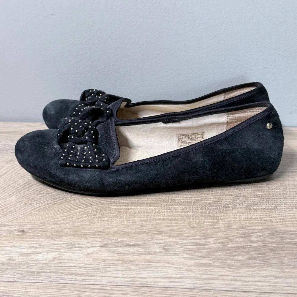 UGG Australia‎ Alloway Studded Bow Ballet Flats 9.5 Black Suede Shearling Lined
